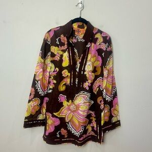 Tory Burch Cotton Tunic Batik Floral Brown Pink
